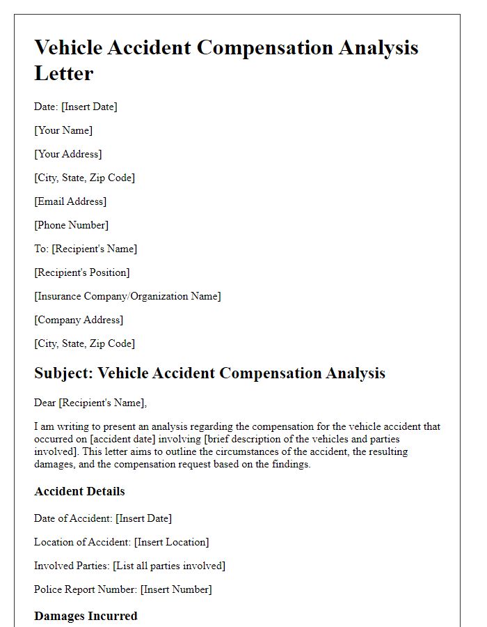 Letter template of vehicle accident compensation analysis