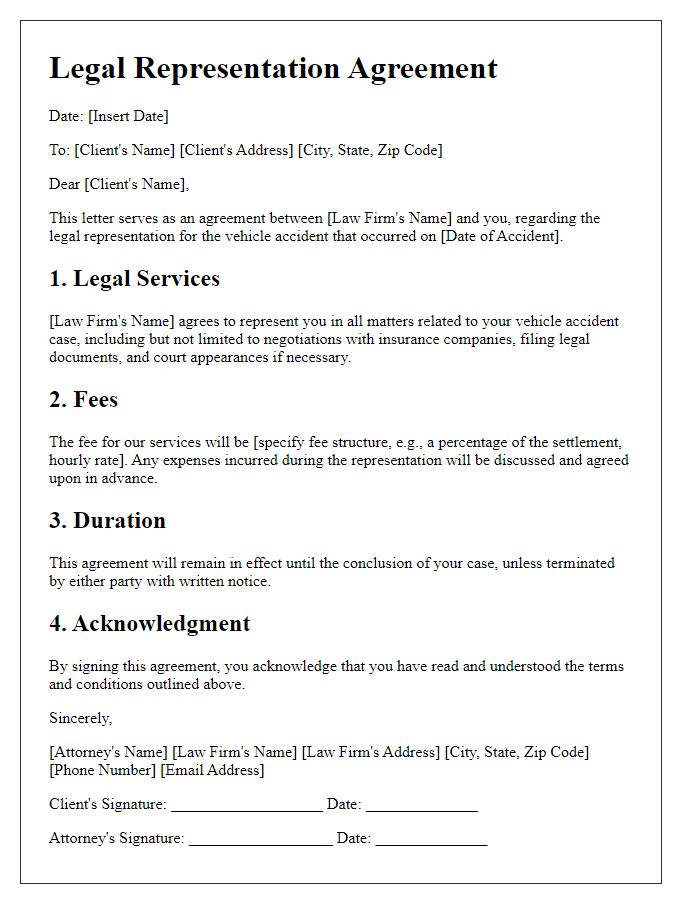 Letter template of vehicle accident legal representation agreement