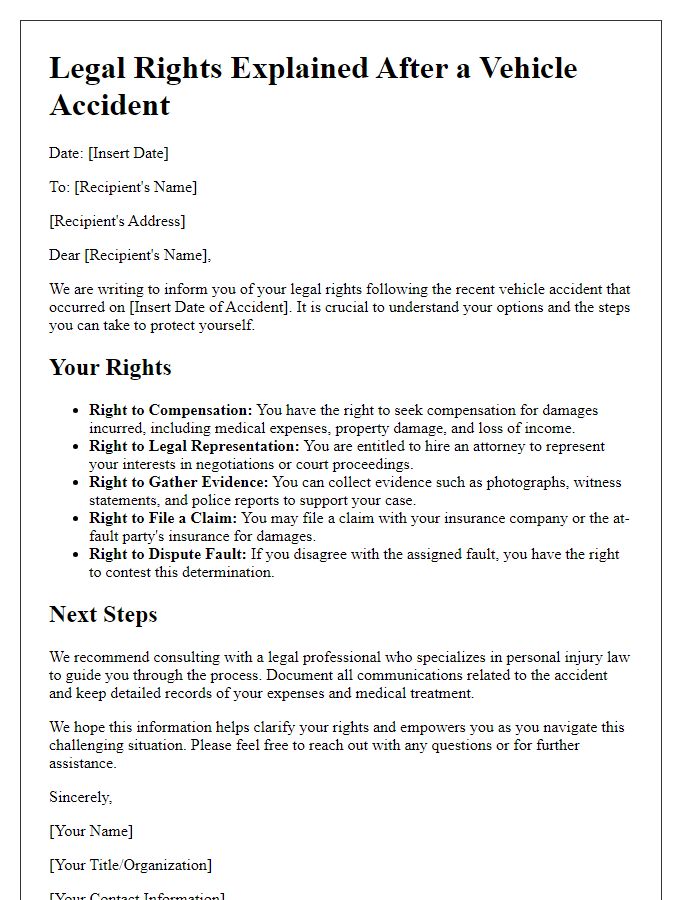 Letter template of vehicle accident legal rights explanation