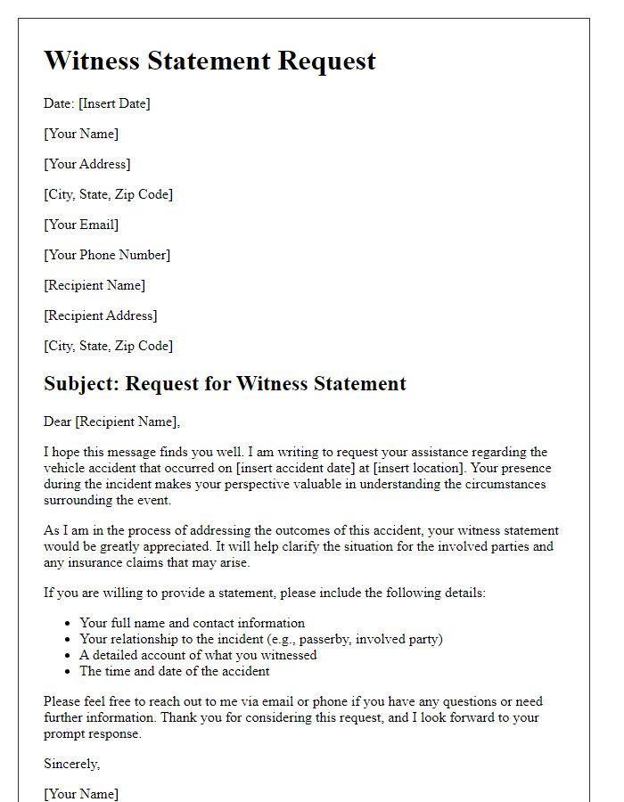 Letter template of vehicle accident witnesses statement request