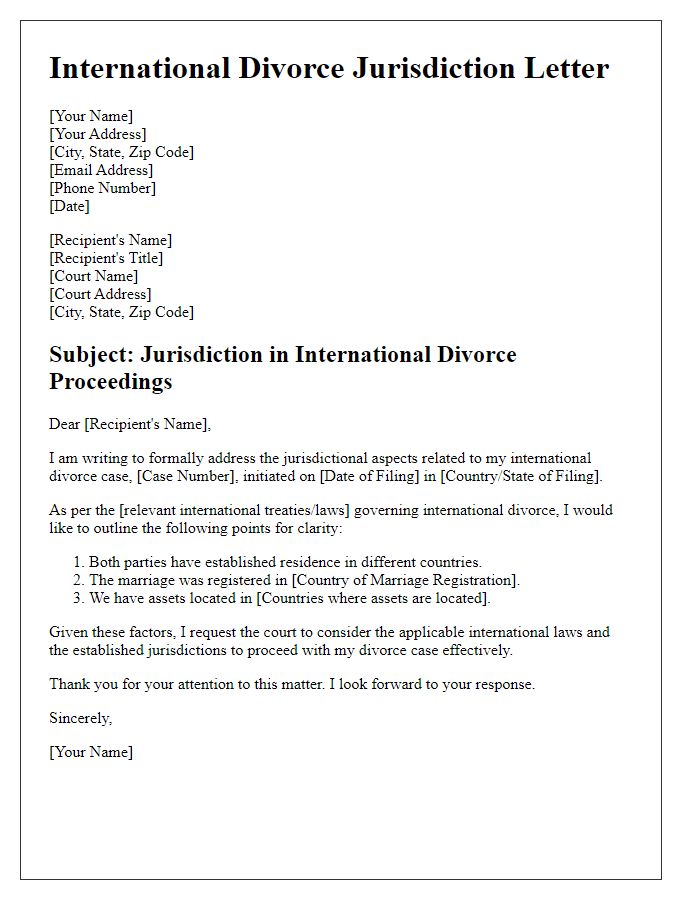 Letter template of addressing jurisdiction in international divorce