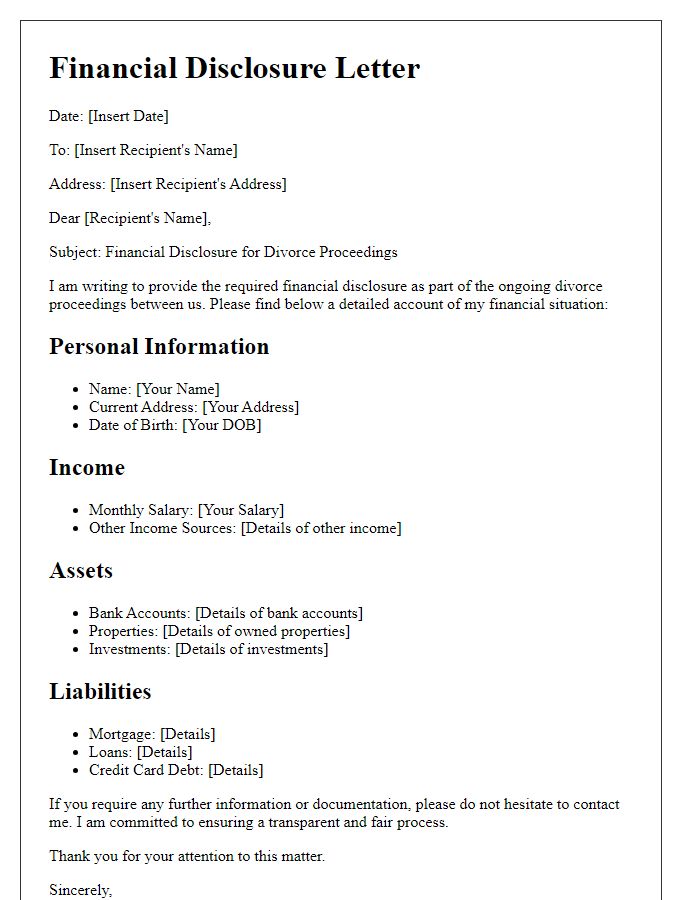 Letter template of financial disclosure for international divorce