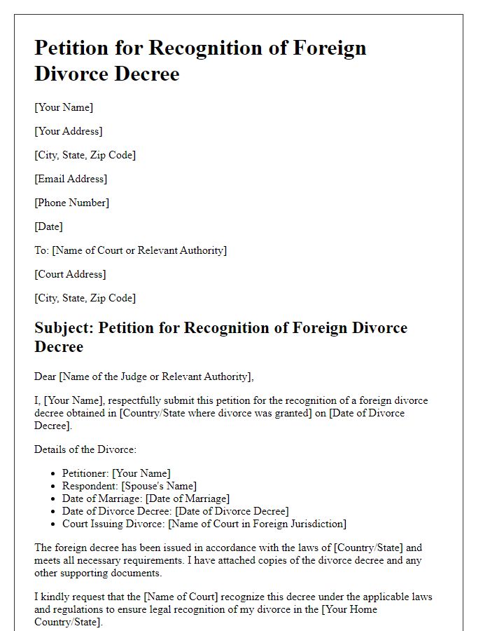 Letter template of petition for recognition of foreign divorce decree