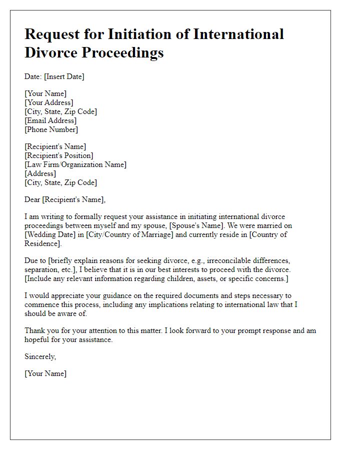 Letter template of request for international divorce proceedings initiation