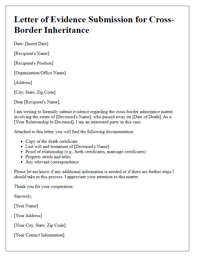 Letter template of evidence submission for cross-border inheritance