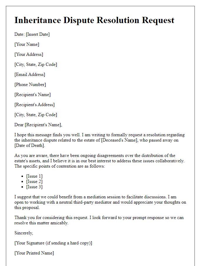 Letter template of inheritance dispute resolution request