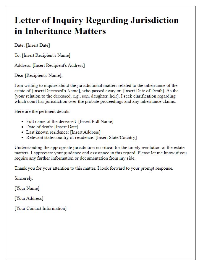 Letter template of jurisdiction inquiry for inheritance matters