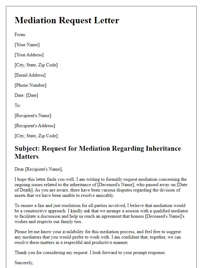 Letter template of mediation request for inheritance issues