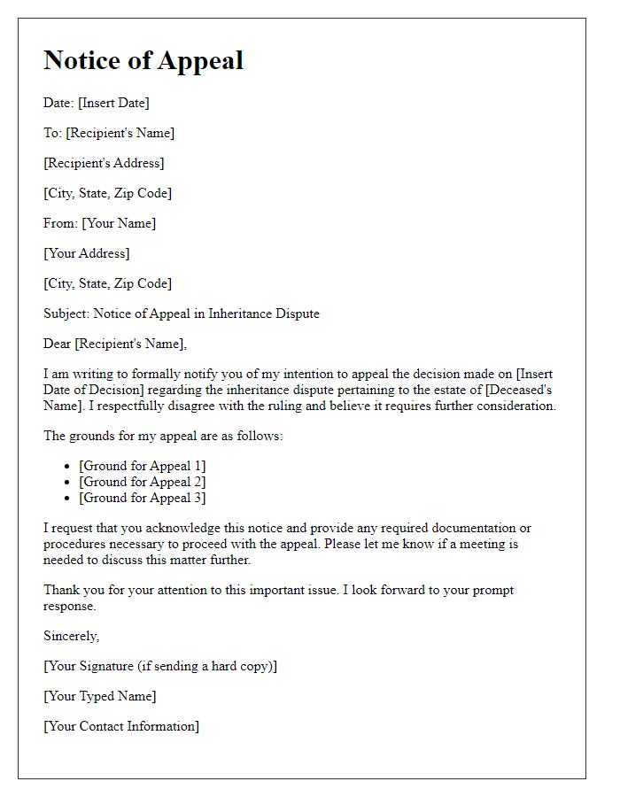 Letter template of notice of appeal in inheritance dispute