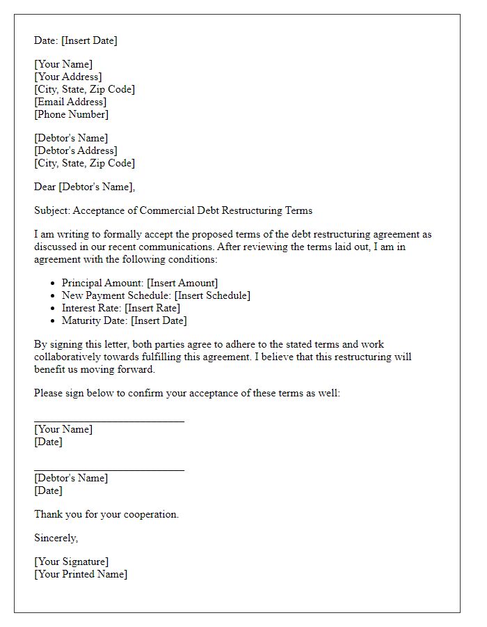 Letter template of acceptance of commercial debt restructuring terms.