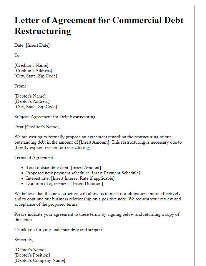 Letter template of agreement for commercial debt restructuring.