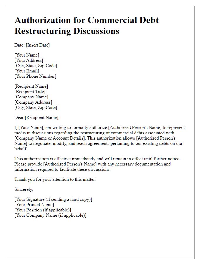 Letter template of authorization for commercial debt restructuring discussions.