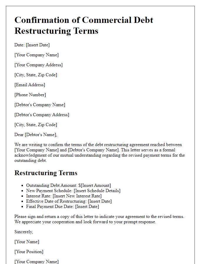 Letter template of confirmation for commercial debt restructuring terms.