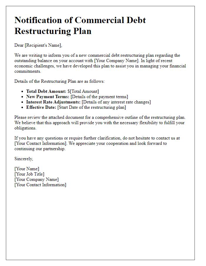 Letter template of notification of commercial debt restructuring plan.