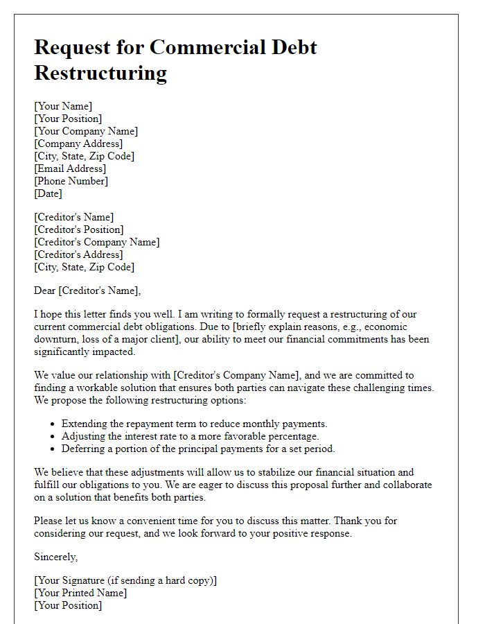 Letter template of request for commercial debt restructuring.