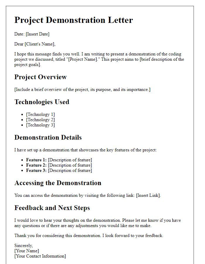 Letter template of freelance coding project demonstration