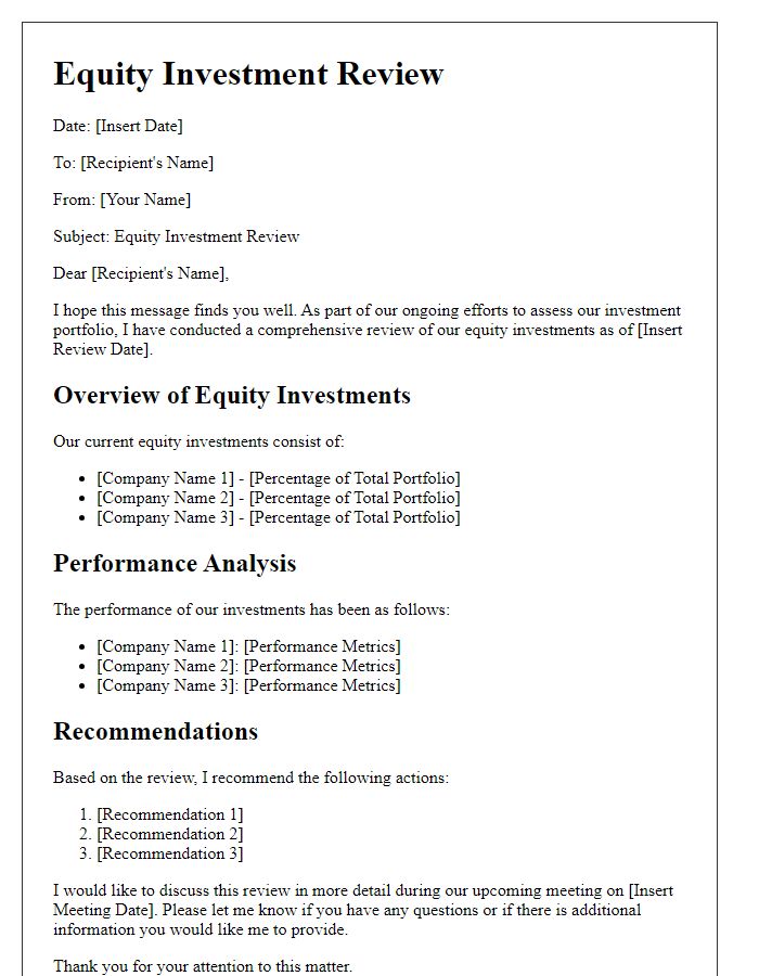 Letter template of equity investment review