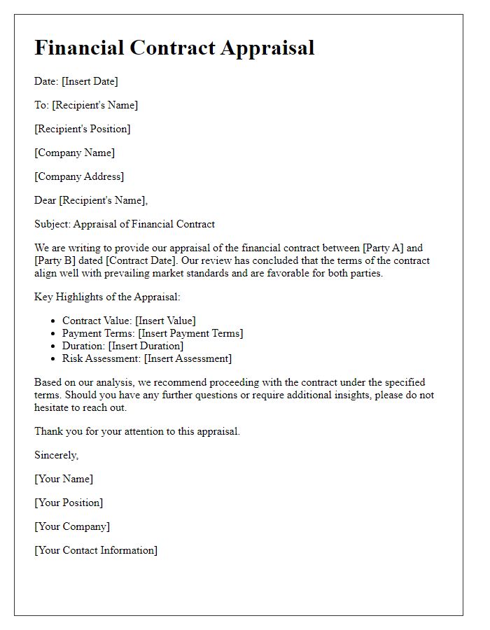 Letter template of financial contract appraisal