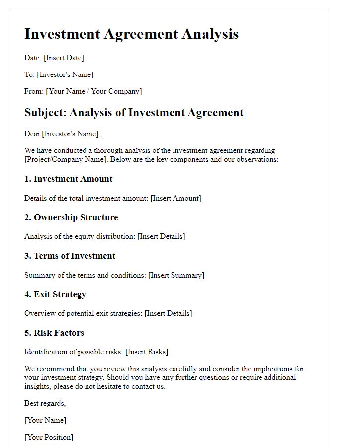 Letter template of investment agreement analysis