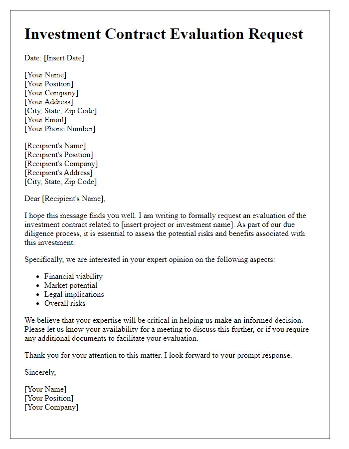 Letter template of investment contract evaluation request