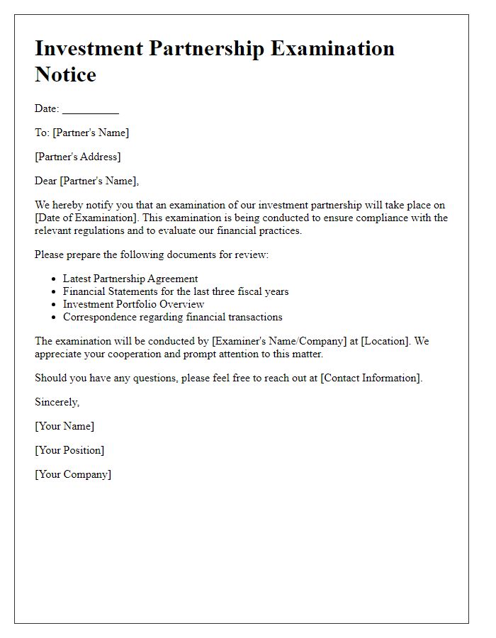 Letter template of investment partnership examination