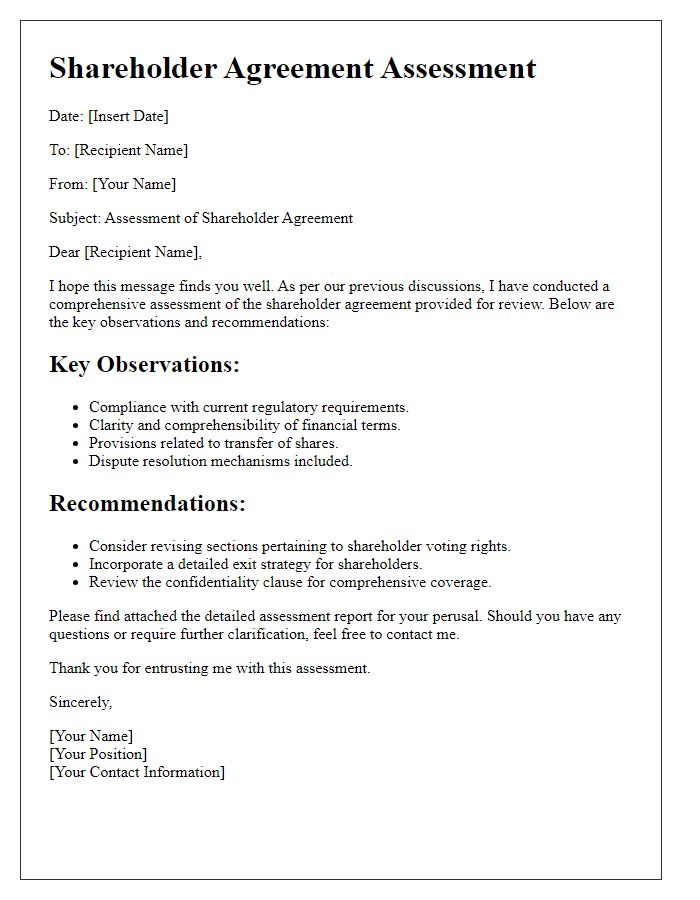 Letter template of shareholder agreement assessment