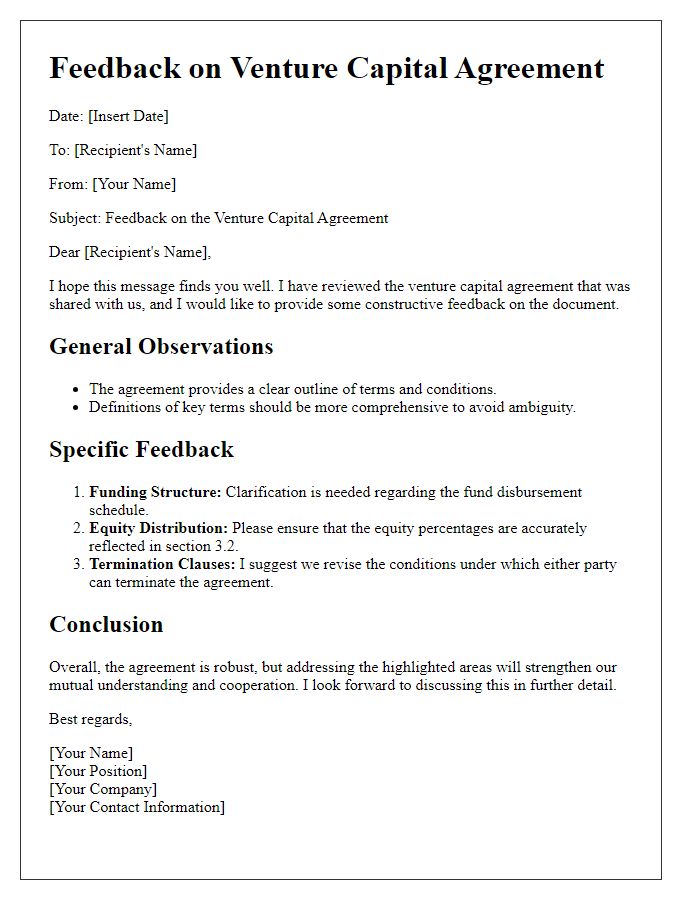 Letter template of venture capital agreement feedback