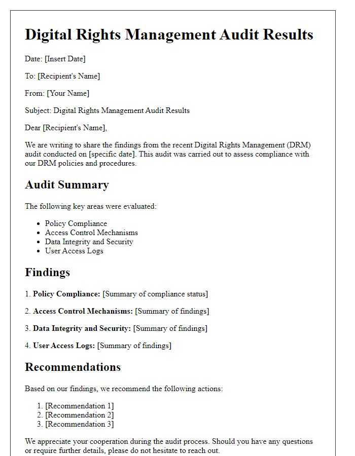 Letter template of Digital Rights Management Audit Results