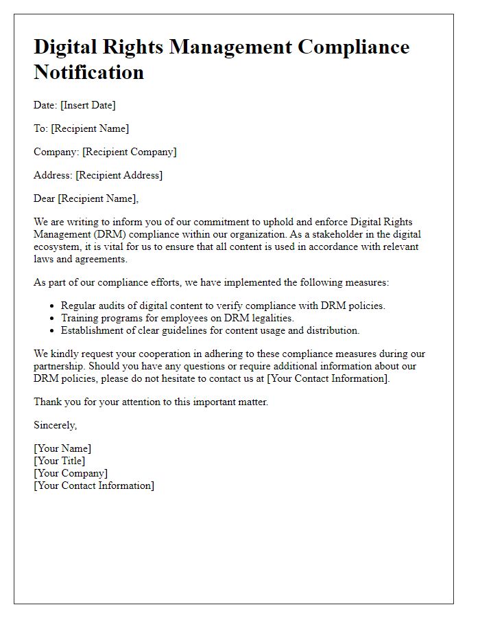 Letter template of Digital Rights Management Compliance Notification