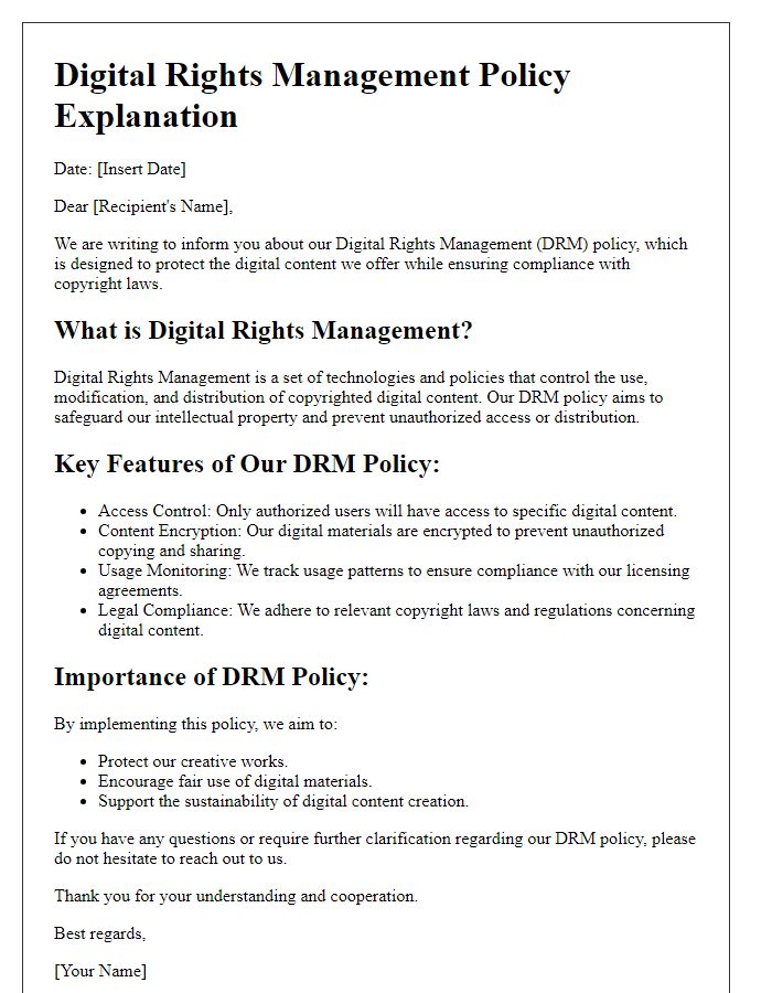 Letter template of Digital Rights Management Policy Explanation