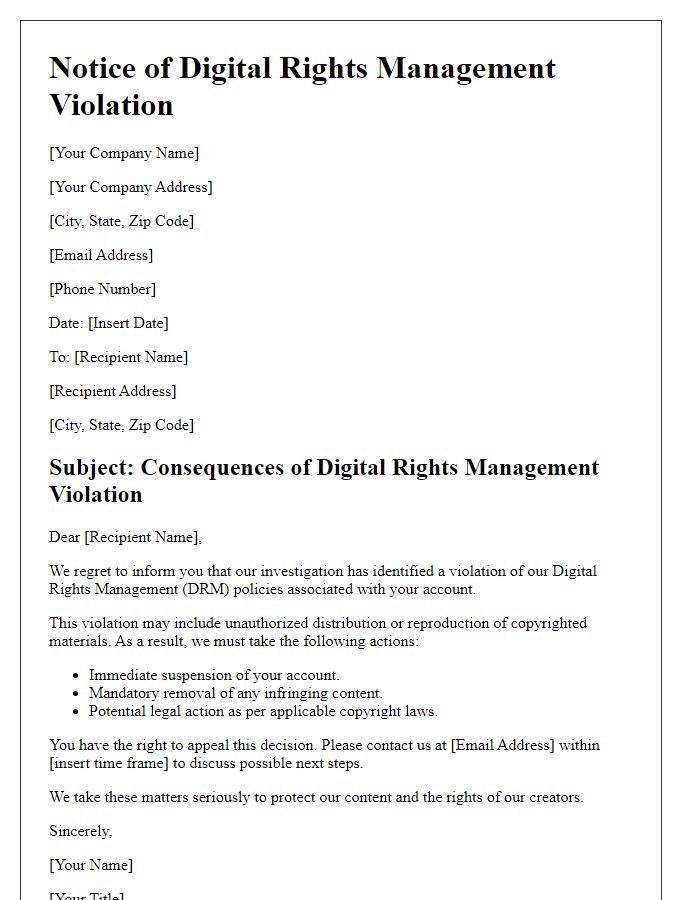 Letter template of Digital Rights Management Violation Consequences