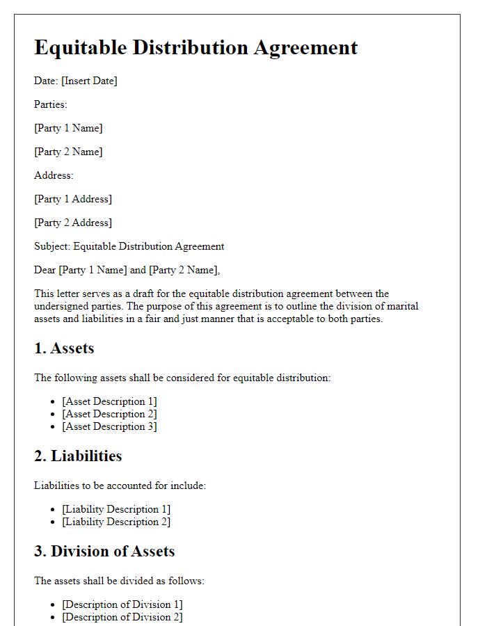 Letter template of equitable distribution agreement draft