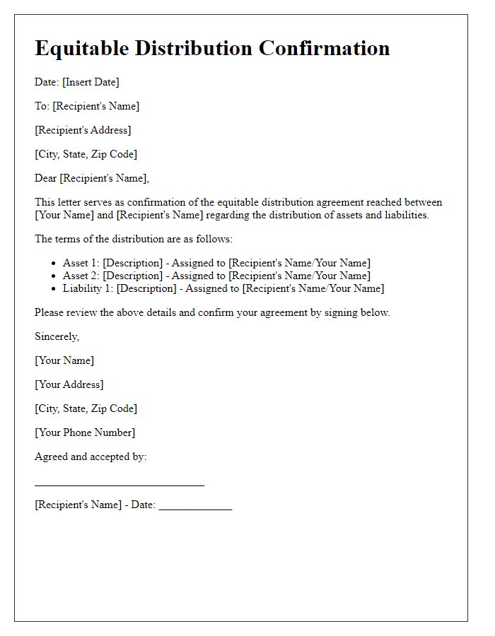 Letter template of equitable distribution confirmation