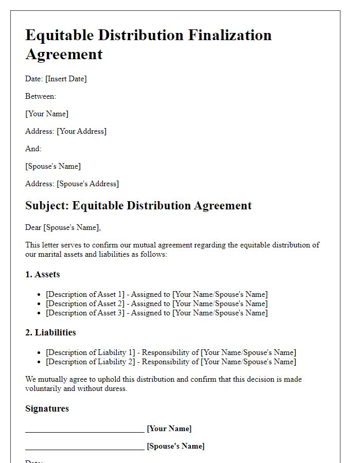 Letter template of equitable distribution finalization agreement