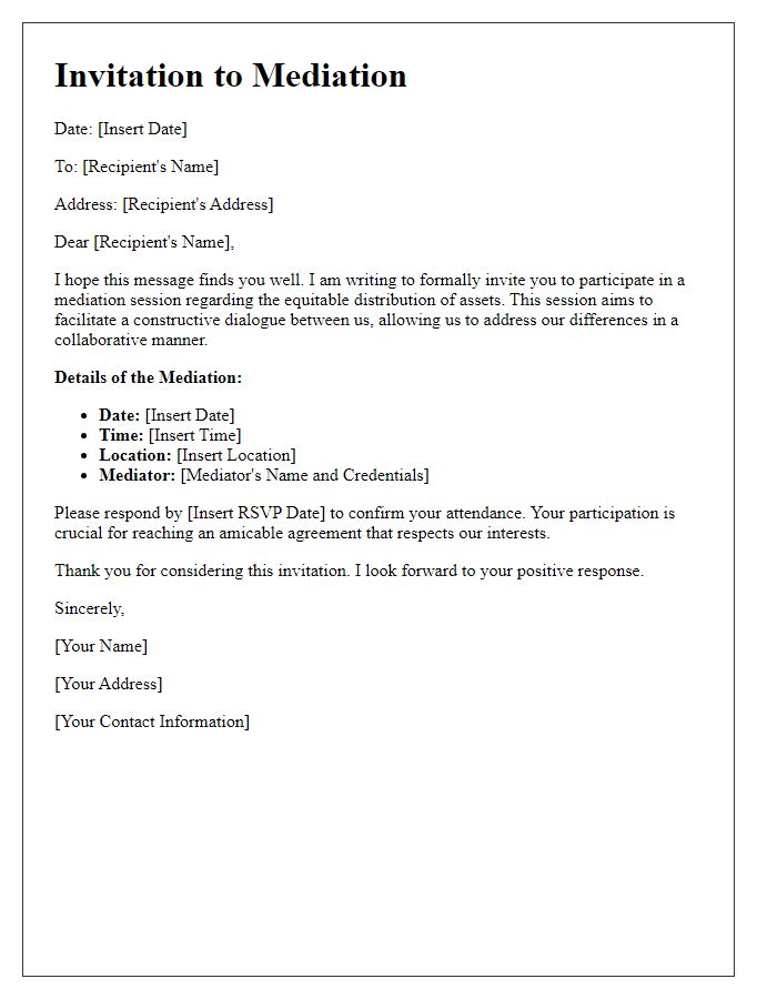 Letter template of equitable distribution mediation invitation