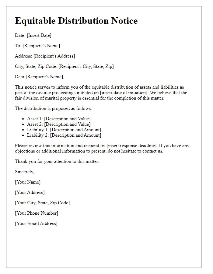 Letter template of equitable distribution notice