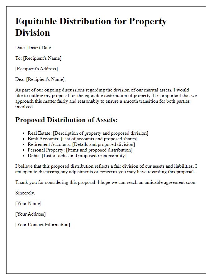 Letter template of equitable distribution for property division