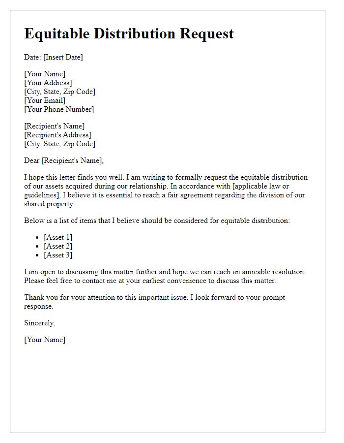 Letter template of equitable distribution request