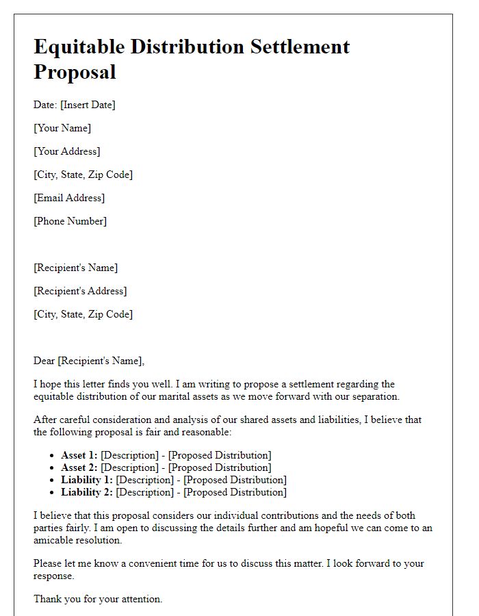 Letter template of equitable distribution settlement proposal