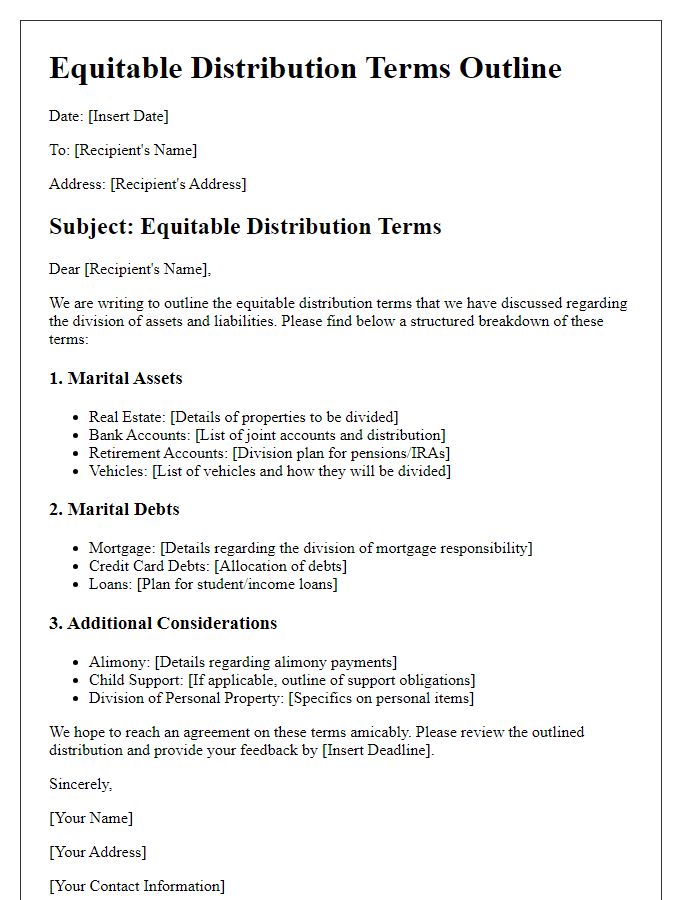 Letter template of equitable distribution terms outline