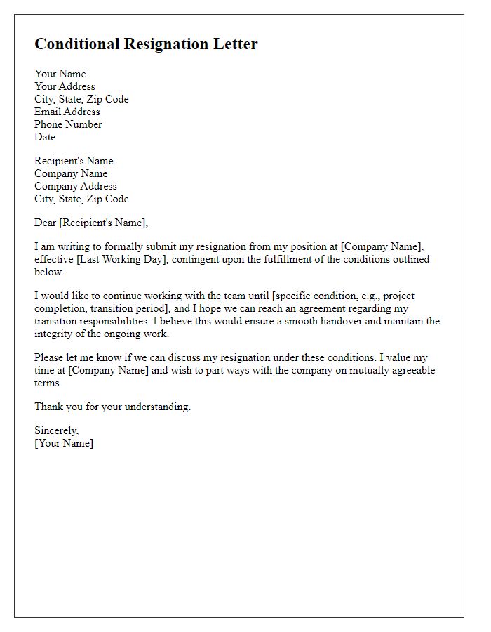 Letter template of conditional resignation