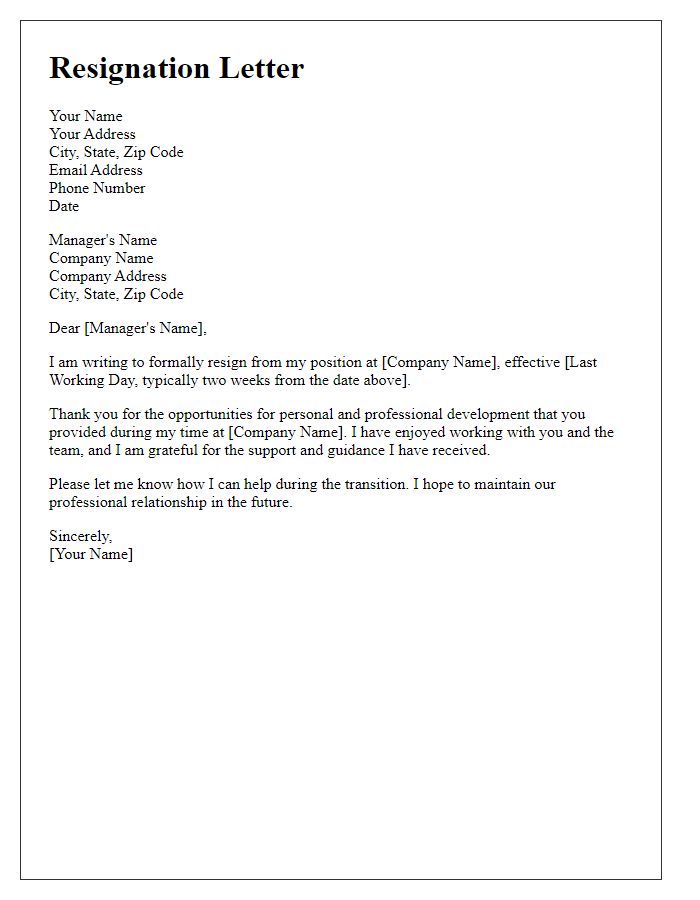 Letter template of formal resignation notice