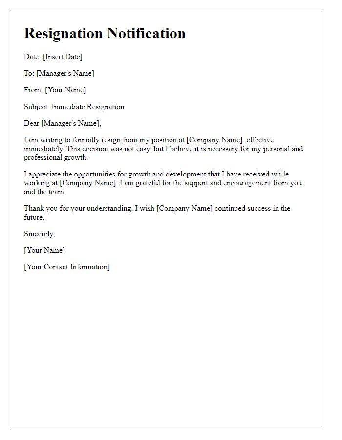 Letter template of immediate resignation notification