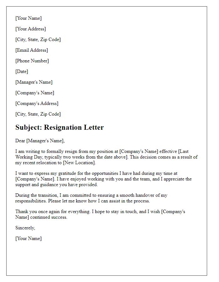 Letter template of resignation citing relocation