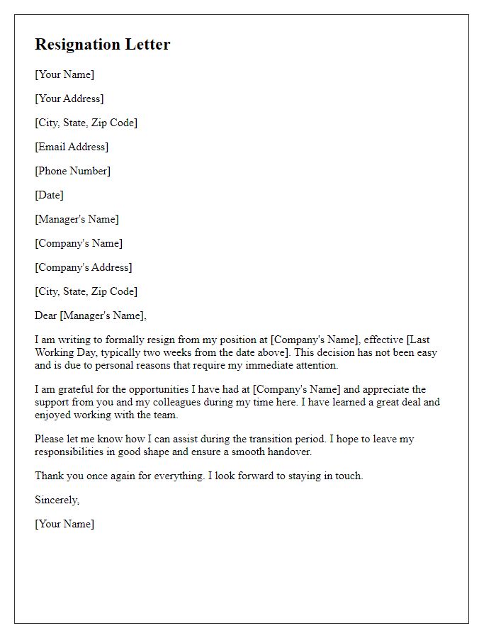 Letter template of resignation due to personal reasons