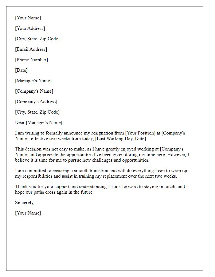 Letter template of two-week resignation announcement