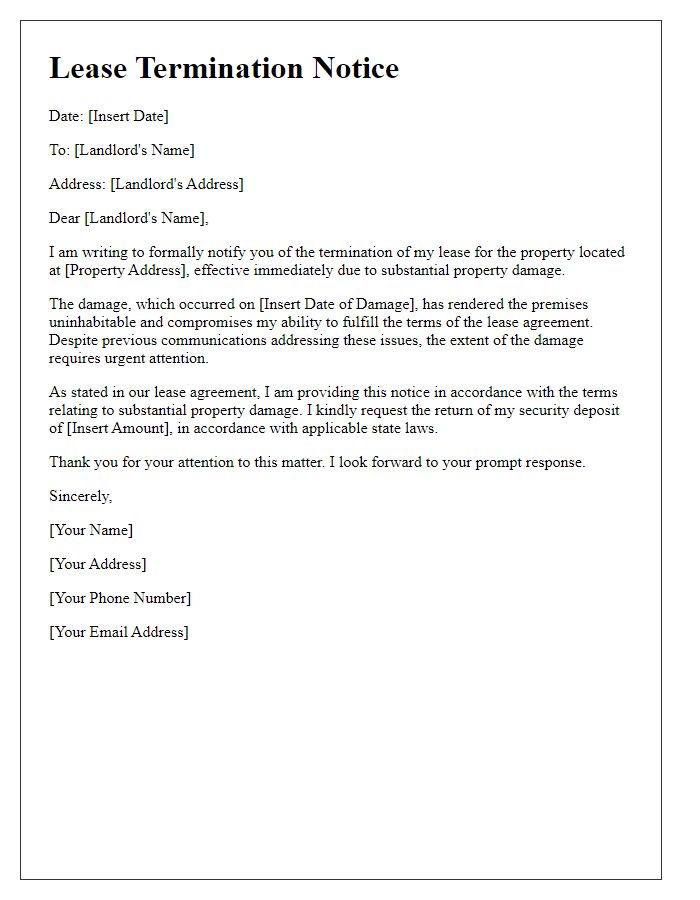 Letter template of lease termination for substantial property damage