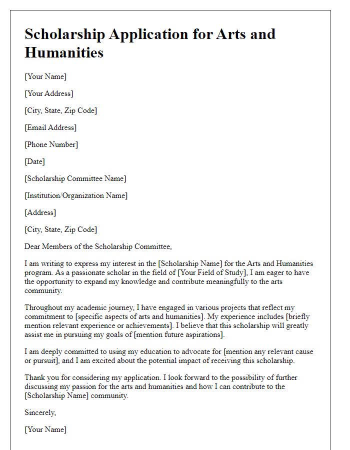 Letter template of scholarship application for arts and humanities.