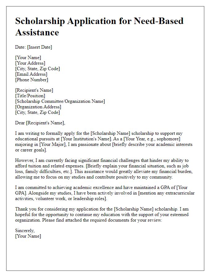 Letter template of scholarship application for need-based assistance.