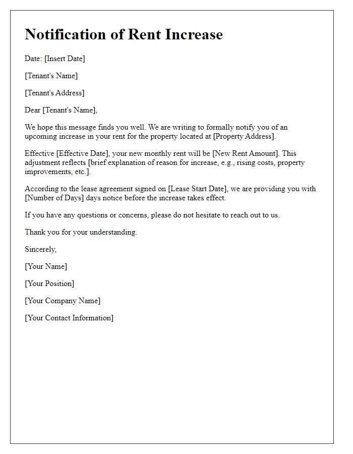 Letter template of Notification of Rent Increase for Leaseholders